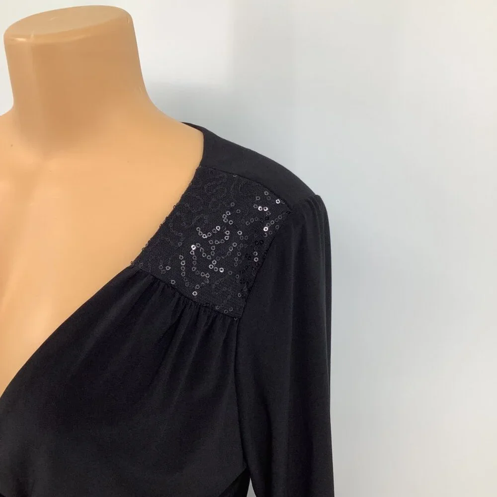 Chaps Highland Black Dress Medium iWith Sequined Shoulders 3/4 Sleeves & Midi NW - Picture 2 of 10